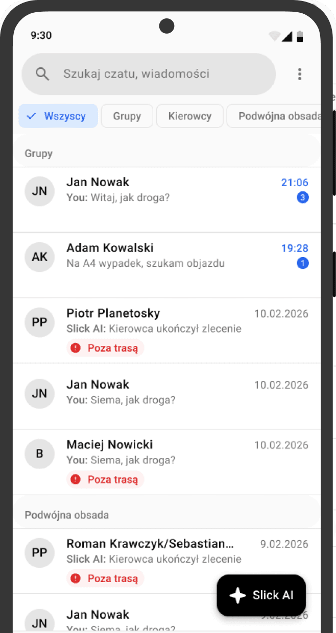Ekran czatu aplikacji Slickshift z listą rozmów z kierowcami