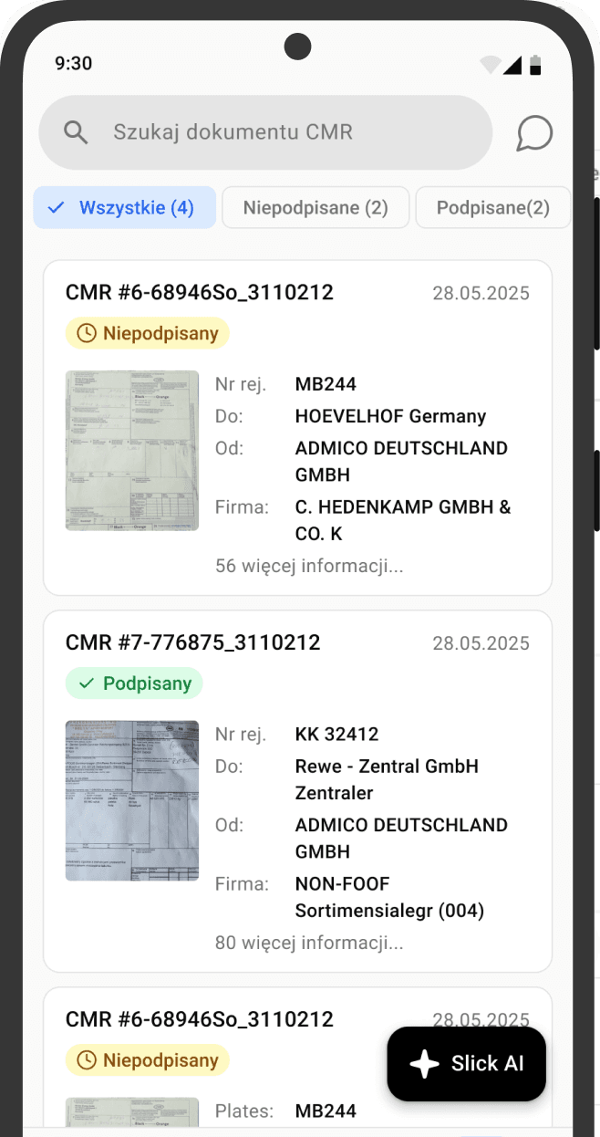 Ekran weryfikacji dokumentów CMR w aplikacji Slickshift